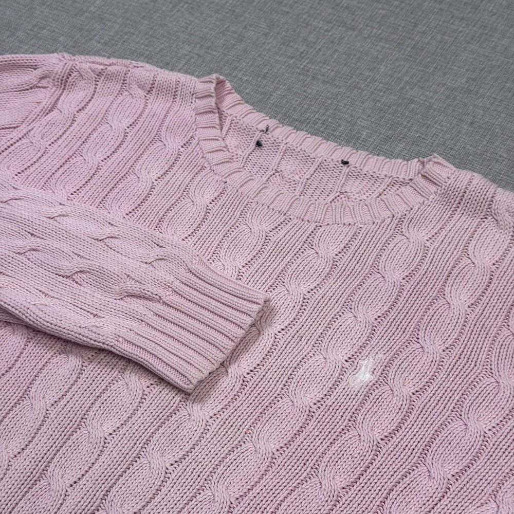 Ralph Lauren Cable-Knit Sweater Womens M Pink Cotton Pullover Embroidered Logo